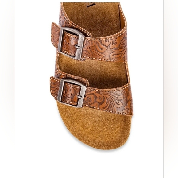 Myra Shoes Western Hand-Tooled Sandals Footo Cork Flats Open Leather Straps NEW - Picture 2 of 7